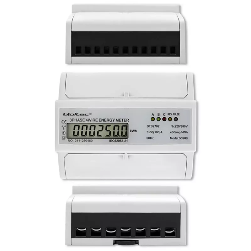 Qoltec Trójfazowy Dwukierunkowy Licznik Elektroniczny | Licznik energii na szynę DIN | 400V | 100A | LCD | 4P