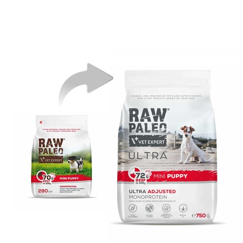 Sucha karma dla psa VETEXPERT RAW PALEO Ultra Mini Puppy Beef 750 g — bezzbożowa, białko 30,5%, tłuszcz 16,5% dla małych ras (5–10 kg)