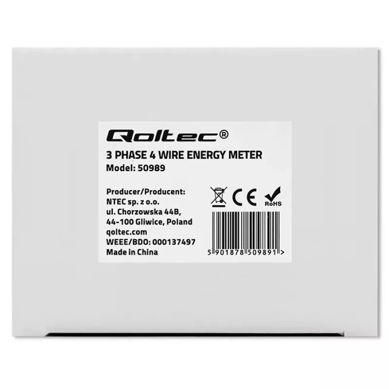 Qoltec Trójfazowy Dwukierunkowy Licznik Elektroniczny | Licznik energii na szynę DIN | 400V | 100A | LCD | 4P