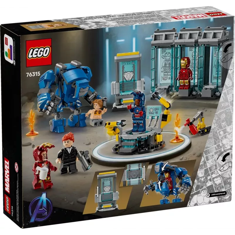 LEGO Marvel Laboratorium Iron Mana Hall of Armor 76315 — 384 elementy, 5 minifigurek, miejsce na wystawę