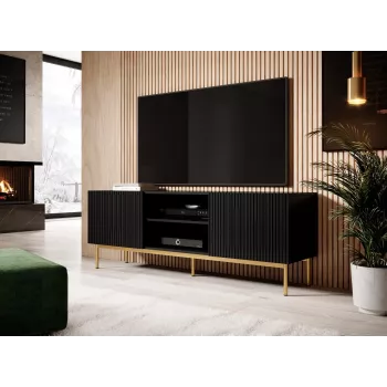 Szafka TV Cama PAFOS na złotej stalowej ramie 150x40x60 cm matowa czerń, blat z płyty wiórowej
