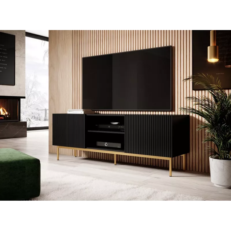 Szafka TV Cama PAFOS na złotej stalowej ramie 150x40x60 cm matowa czerń, blat z płyty wiórowej
