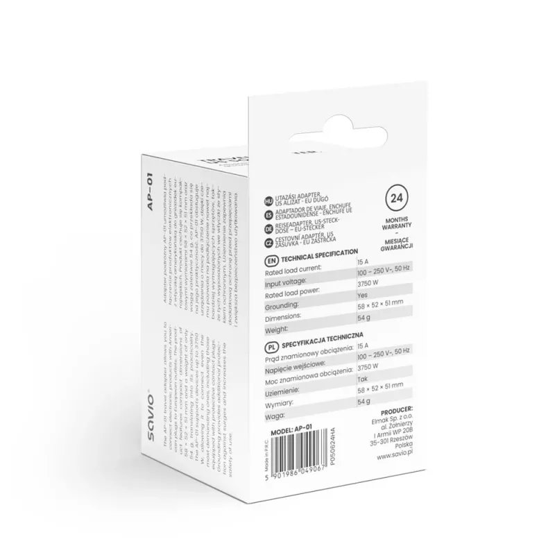 Adapter podróżny SAVIO AP-01, gniazdo US – wtyczka EU