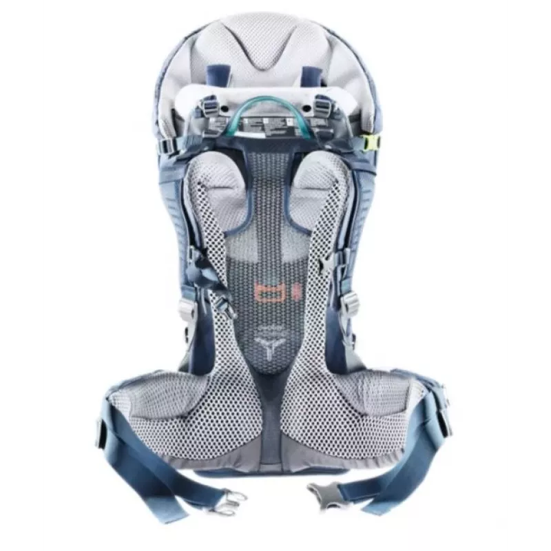 Nosidełko turystyczne Deuter Kid Comfort Pro, niebieskie, poliamid, maks. 22 kg, daszek przeciwsłoneczny, kieszeń boczna