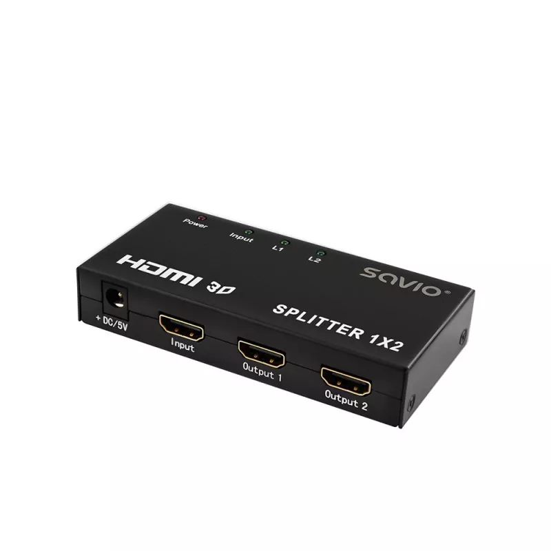 Rozdzielacz wideo HDMI SAVIO CL-42 — 2 wyjścia HDMI, 1920x1080, 36-bitowa głębia kolorów, metalowa obudowa, 5V/1A