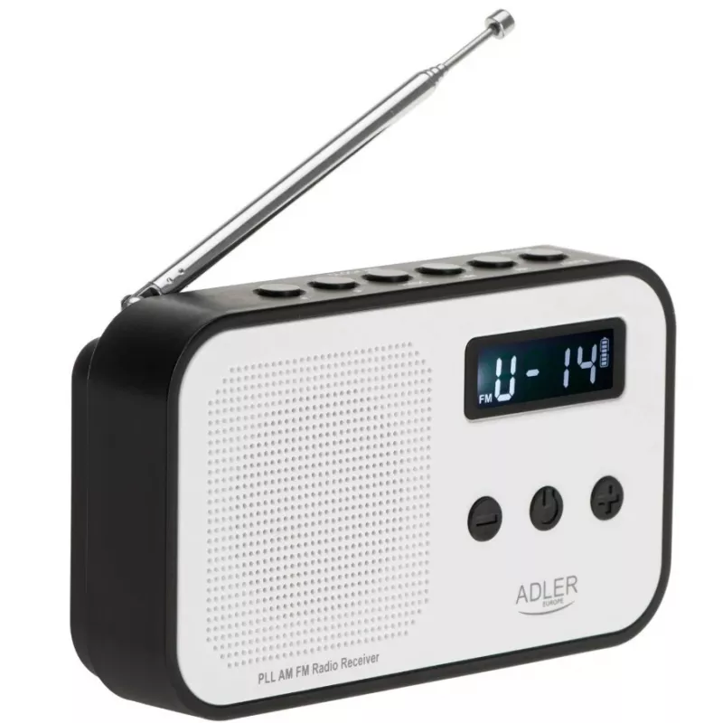 Przenośne radio cyfrowe Adler AD 1907 — AM/FM, tuner cyfrowy, alarm, USB-C, bateria 600 mAh, LCD, 20 ustawień, antena teleskopowa