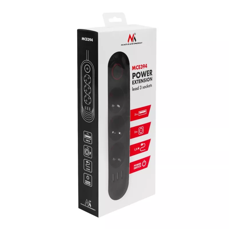 Listwa zasilająca MACLEAN MCE394 B — 3 gniazda + 3×USB A, 110–240 V, USB 2,1 A, 2500 W, kabel 1,5 m, czarna