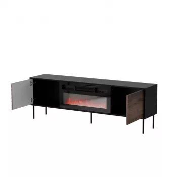 Szafka TV cama meble CORTINA 180x40x60 cm czarna/orzech z czarnym kominkiem elektrycznym