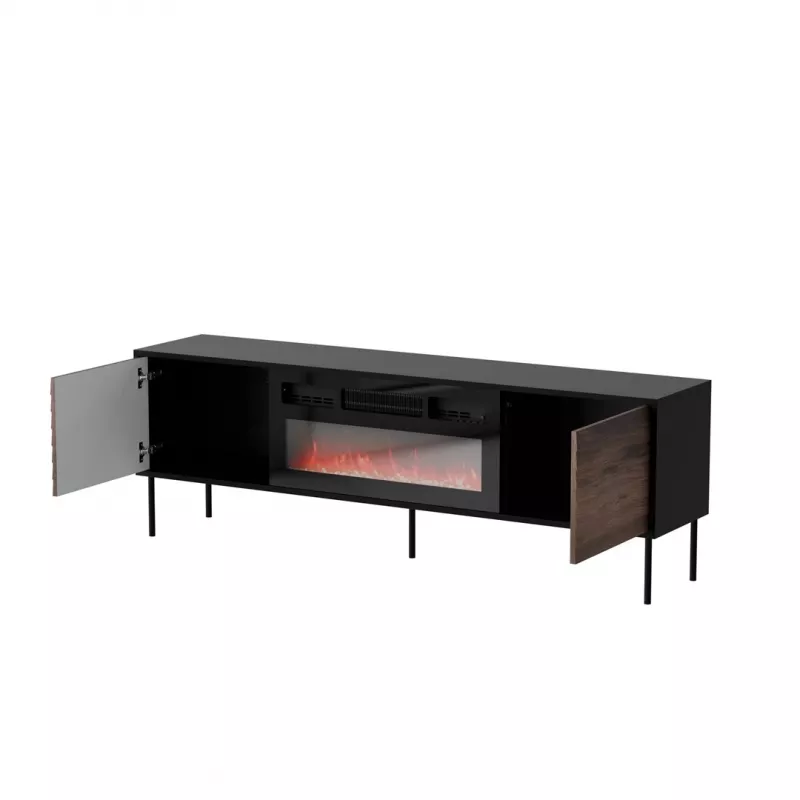 Szafka TV cama meble CORTINA 180x40x60 cm czarna/orzech z czarnym kominkiem elektrycznym
