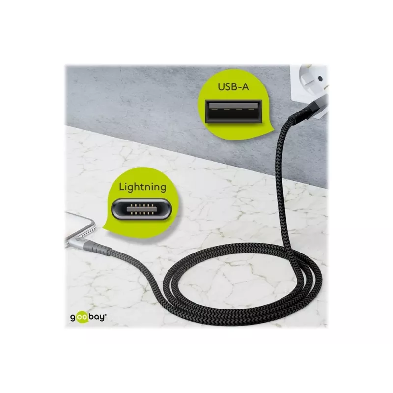 Kabel USB-A do Lightning GOOBAY 2 m, oplot tekstylny, średnica 3,3 mm, szaro-srebrny