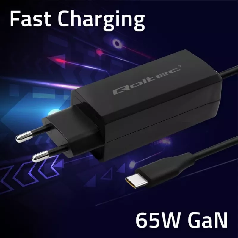 GaN Laptop Charger QOLTEC 52419 65W USB-C PD 5V/20V 3A/3,25A, 220–240V, kabel 1,8m, czarny