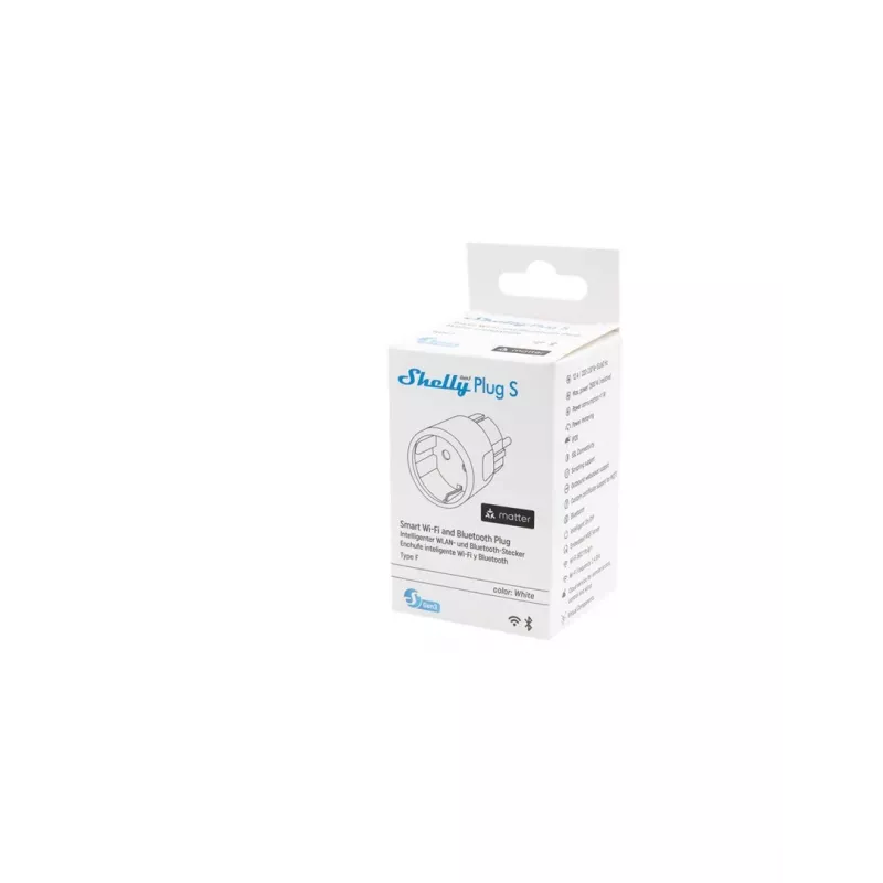 Inteligentne gniazdko Shelly Plug S Gen3 — inteligentne gniazdko Wi‑Fi z monitorowaniem energii, typ F, 110–230 V, 2500 W, białe