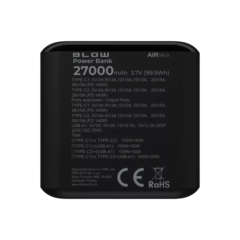 Powerbank BLOW AIR99.9 27000mAh PD 140W LCD — 2× USB‑C, 1× USB‑A, 27000 mAh, 140 W łączna moc