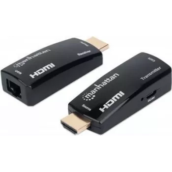 Manhattan Zestaw kompaktowego przedłużacza HDMI przez Ethernet 1080p@60Hz, wydłuża sygnał do 60 m za pomocą pojedynczego kabla Ethernet Cat6, zawiera nadajnik i odbiornik, zasilanie po kablu, ultrasmukła konstrukcja, trzyletnia gwarancja, czarny
