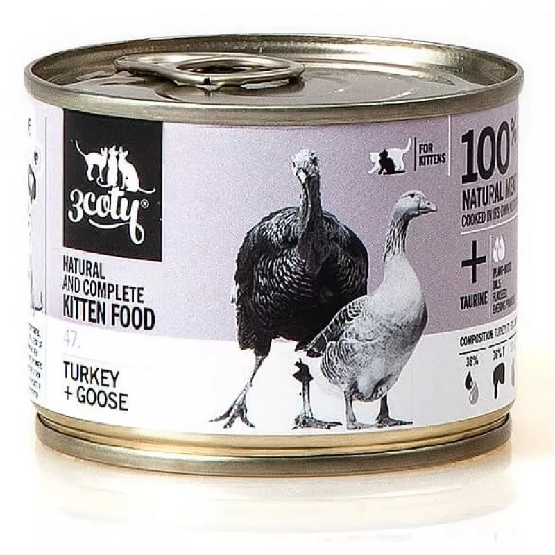 Mokra karma dla kociąt 3coty INDYK + GĘŚ 180 g — pełnowartościowy mokry posiłek dla młodych kociąt, białko 18%, tłuszcz 14%, wilgotność 64,9%