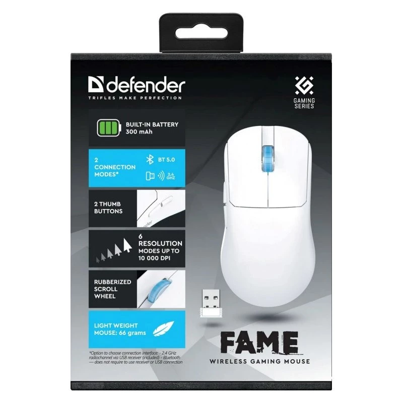 BEZPRZEWODOWA MYSZ DEFENDER FAME GM-516 RF+BT 10000DPI 6P BIAŁA