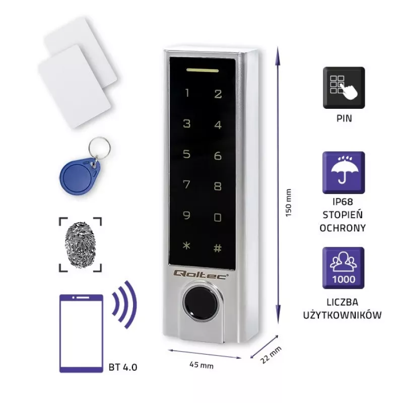 Qoltec 52448 Zamek kodowy TITAN z czytnikiem linii papilarnych | RFID | BT 4.0 | kod | karta | brelok | dzwonek | IP68 | EM