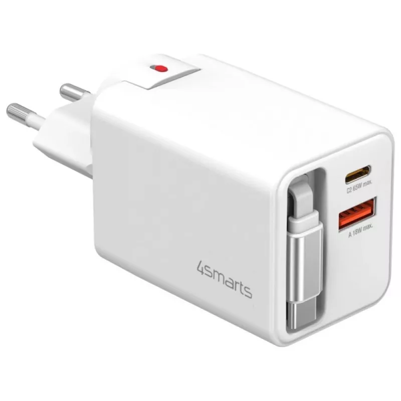 Ładowarka sieciowa USB-C/USB-A 4smarts 541065 — uniwersalna AC 100–240 V, maks. 20 V, kabel 0,7 m, biała