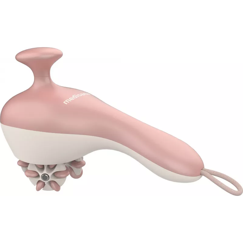 Ręczny masażer rolkowy Medisana AC 950 — bezprzewodowy Li‑Ion, 2 poziomy mocy, ergonomiczne uchwyty, 381 g, różowe złoto/biały