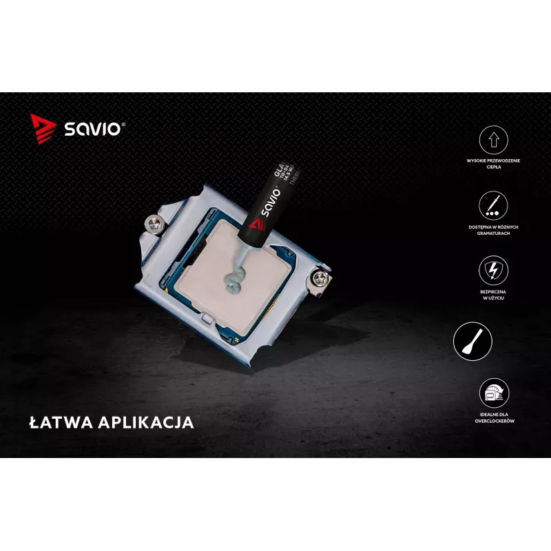 Pasta termoprzewodząca SAVIO TG-04 4 g — przewodność cieplna 14,5 W/m·K, temperatura pracy od -250 do 300 °C, szara