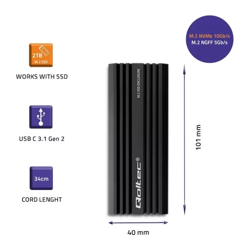 Zewnętrzna obudowa SSD QOLTEC NV2270 dla dysków M.2 SATA/NVMe, USB-C, do 2 TB