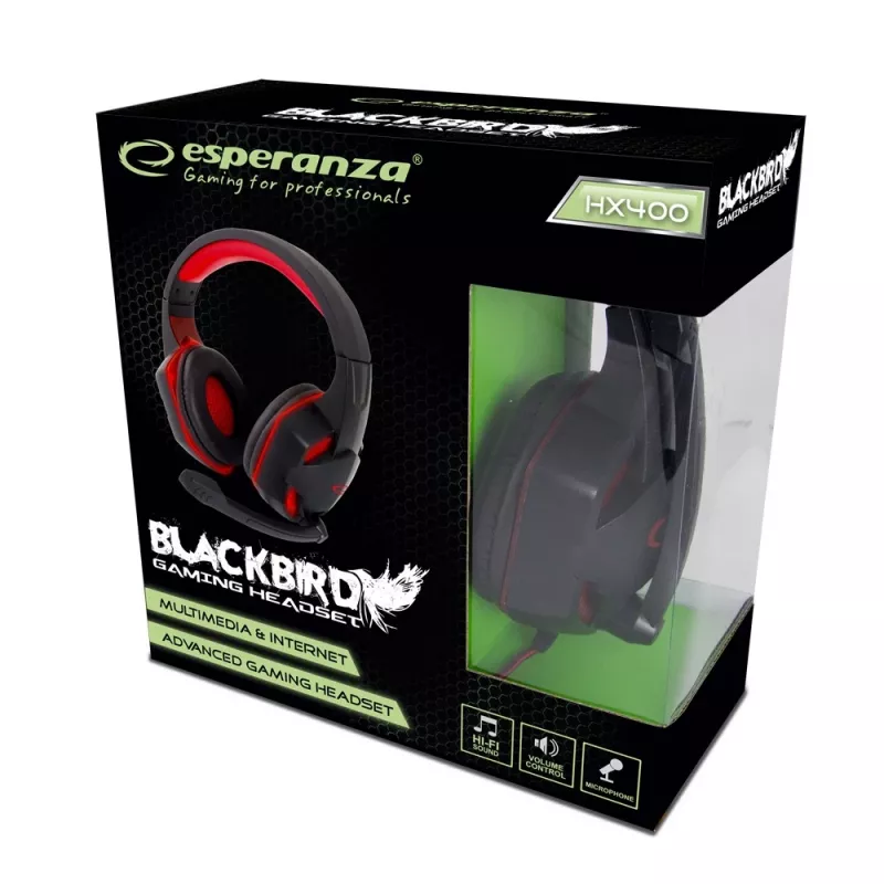 Zestaw słuchawkowy gamingowy ESPERANZA BLACKBIRD, mikrofon, USB/Jack 3,5 mm, czarno-czerwony