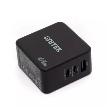 Unitek P1117B USB-C PD 65W uniwersalna ładowarka mobilna, 2x USB‑C PD + 1x USB‑A, czarna