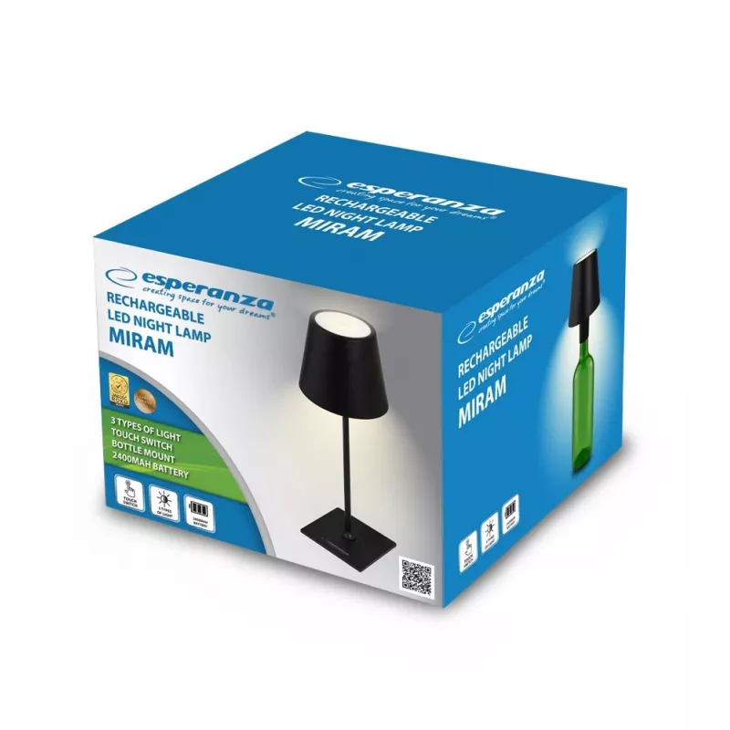 Lampka biurkowa LED ESPERANZA ELD119K Czarna — 3W, 4000K, 200 lm, USB-C, bateria 2400 mAh, wysokość 400 mm