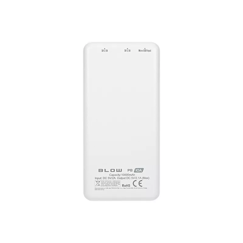Przenośna ładowarka power bank BLOW PB10A 10000mAh (37Wh), 2 wyjścia USB-A, 22,5W łącznie, wejście Micro-USB, bateria polimerowa