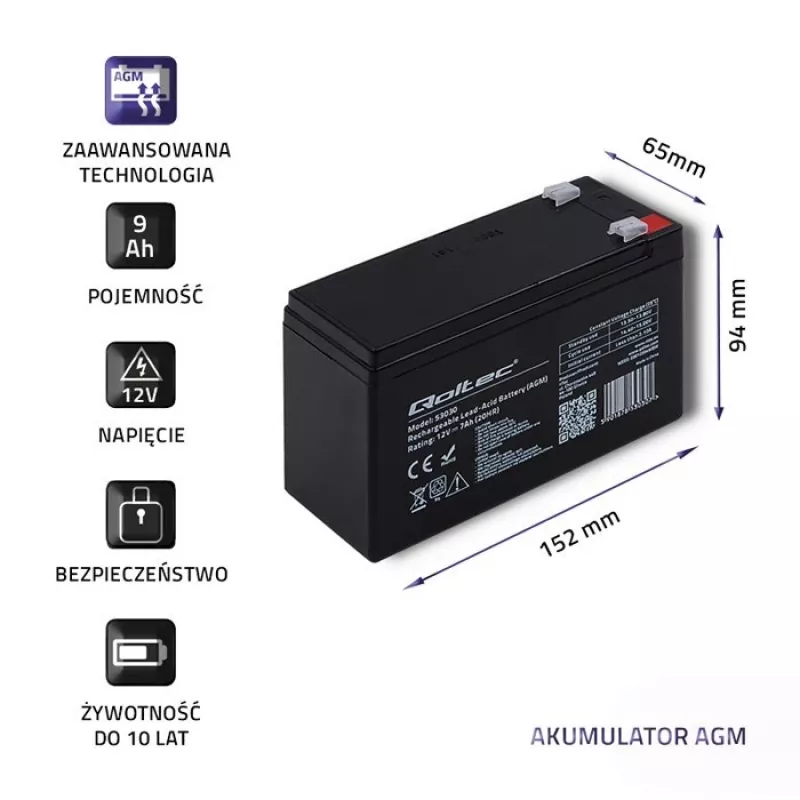 Akumulator do zasilacza awaryjnego QOLTEC 53031 12V 9Ah zielony, 152×94×65 mm, 2,35 kg