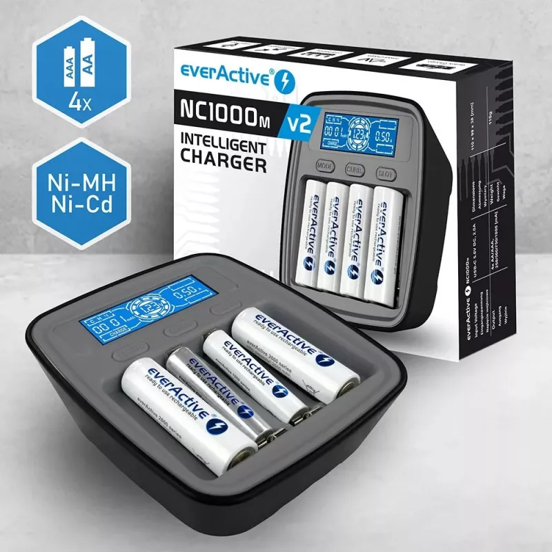 Ładowarka everActive NC1000MV2 — Ni‑MH 4-slotowa ładowarka USB‑C, 4 ogniwa, 5V, czarny, 110×99×38 mm