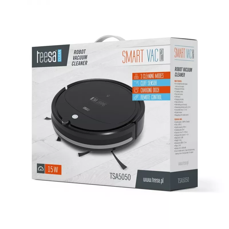 Robot odkurzający TEESA Smart VAC 2 — okrągły, czarny, siła ssania 1000 Pa, bateria litowa 9,6 V/2000 mAh, pojemnik na kurz 0,2 l, Wi‑Fi, automatyczny powrót
