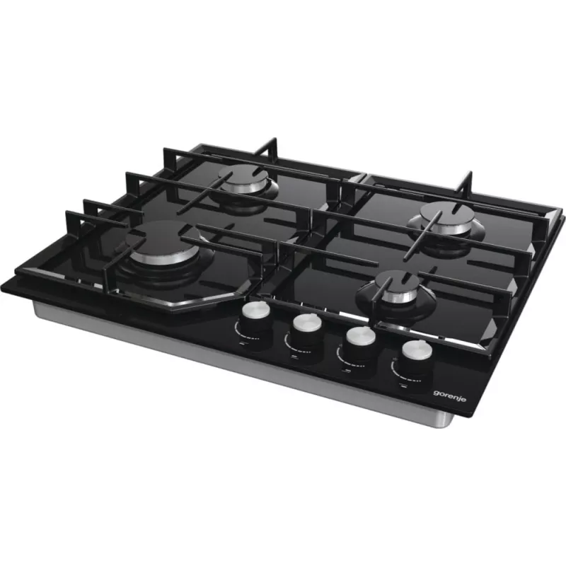 Gas hob Gorenje GT641KB, built-in 60 cm, 4 gas zones, tempered glass, cast iron grates, rotary knobs