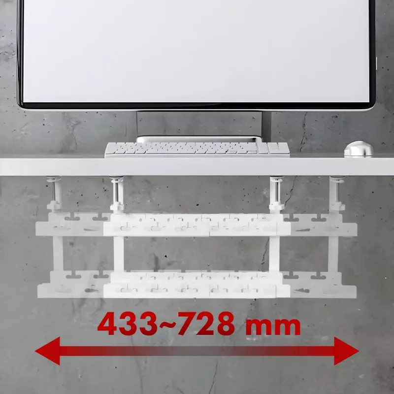 Organizator kabli pod biurko MACLEAN MC-102W — stalowy uchwyt podblatowy, regulowana długość, pasuje do biurek o grubości 0,5–5 cm, obciążenie 5 kg, biały