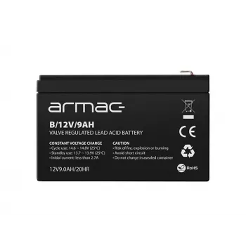Bateria UPS ARMAC B/12V/9AH — Kwasowo-ołowiowa szczelna 12 V 9 Ah, ładowanie 1,8 A, maks. rozładowanie 122 A, obudowa ABS, 65×151×94 mm