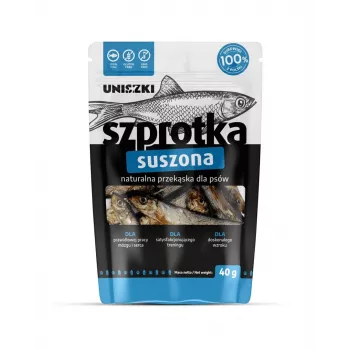 Przysmak dla psa UNISZKI Suszony szprot 40 g – jednoskładnikowy monoproteinowy przysmak rybny dla psów, odpowiedni dla wszystkich ras