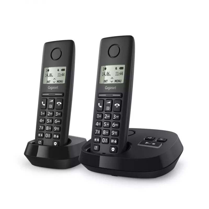 Bezprzewodowy telefon analogowy/DECT Gigaset PURE 100A Duo — 2 słuchawki, głośnomówiący, identyfikacja rozmówcy, wyświetlacz 1,5 cala, czarny