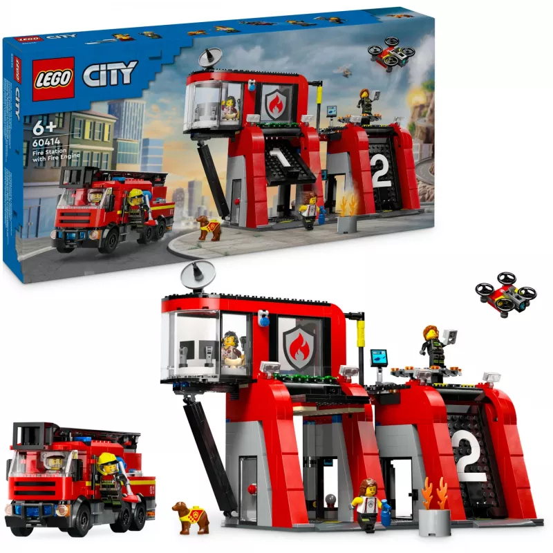 Zabawka konstrukcyjna LEGO City Remiza strażacka z pojazdem z drabiną obrotową 60414 — 843 elementy, 5 minifigurek, 220×320×140 mm