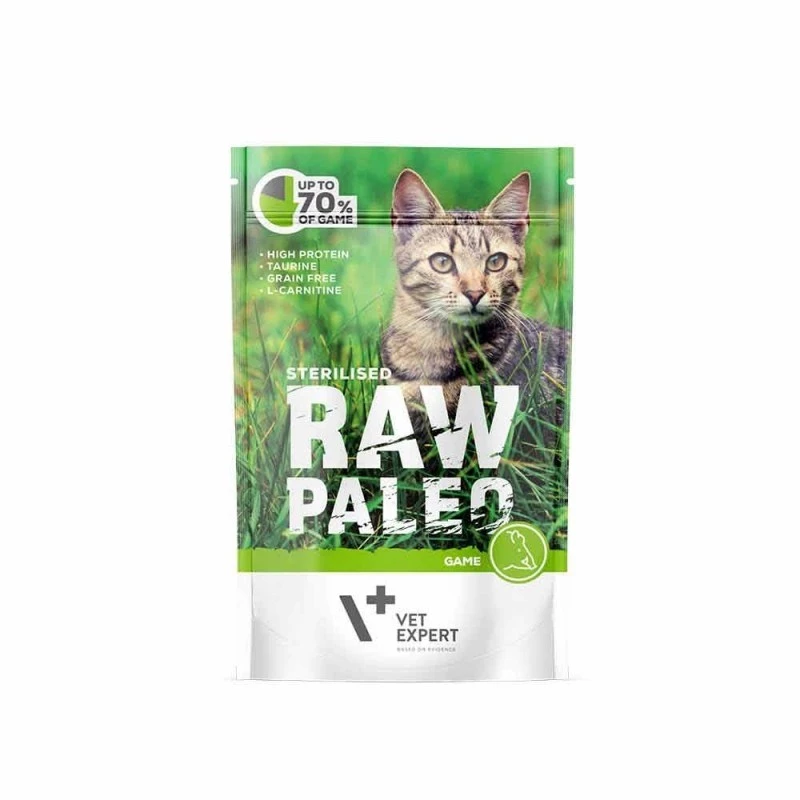 Mokra karma dla kota VETEXPERT RAW PALEO Adult Sterilised Game 100 g — dziczyzna, bezzbożowa, dla skłonności do nadwagi