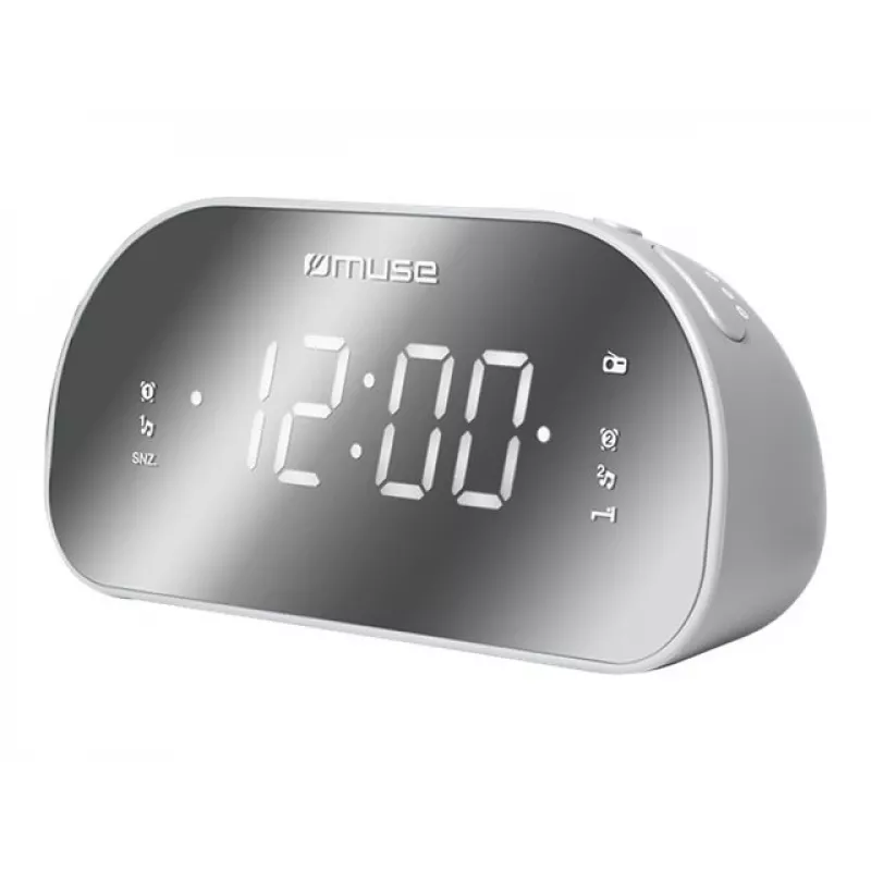 Zegar radiowy Muse M-170CMR — cyfrowy zegar radiowy, wyświetlacz LED 1,2 cala, FM, AC 230V, zapasowe AAA, lustro/biały