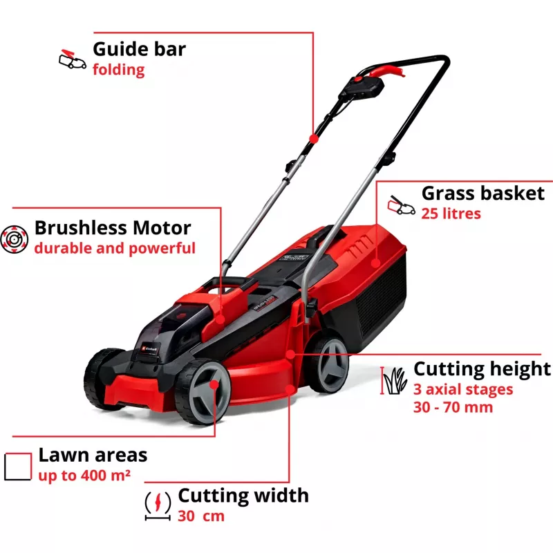 Kosiarka pchana EINHELL GE-CM 18/30 Li — 18V, 3.0Ah, szerokość cięcia 30 cm, kosz 25 L