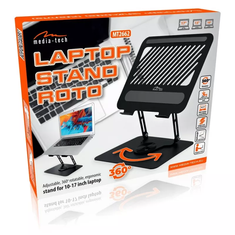 Stojak na laptopa MEDIA-TECH MT2662 — regulowana wysokość, składany, aluminiowy, do laptopów 10–17 cali