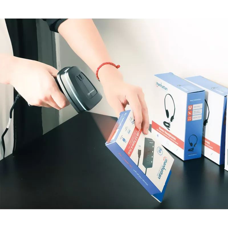 Manhattan 2D Long Range LED Barcode Scanner, USB, 450mm głębokość skanowania, maks. światło otoczenia 100 000 luksów (światło słoneczne), obsługuje symbologie - 1D (21 wersji) i 2D (10 wersji), kabel skanera RJ45 do USB 1,8 m (najpopularniejszy typ, czyli USB-A), czarny, 3 lata gwarancji