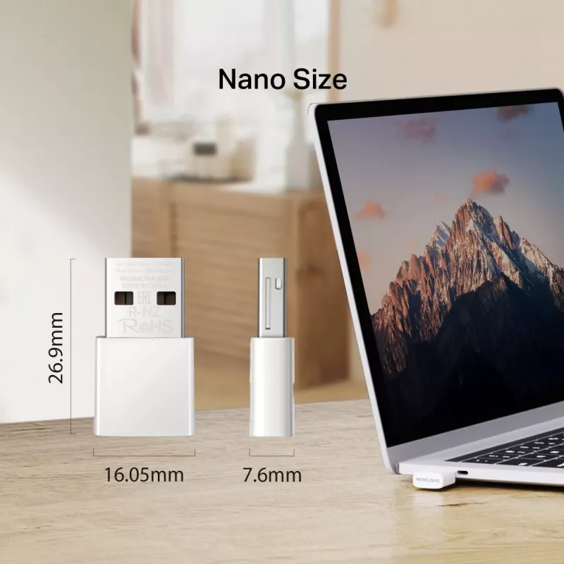 Sieciowy adapter USB MERCUSYS MA30N — dwuzakresowe Wi‑Fi (2,4/5 GHz), 400/867 Mbps, USB 2.0, antena wewnętrzna, biały