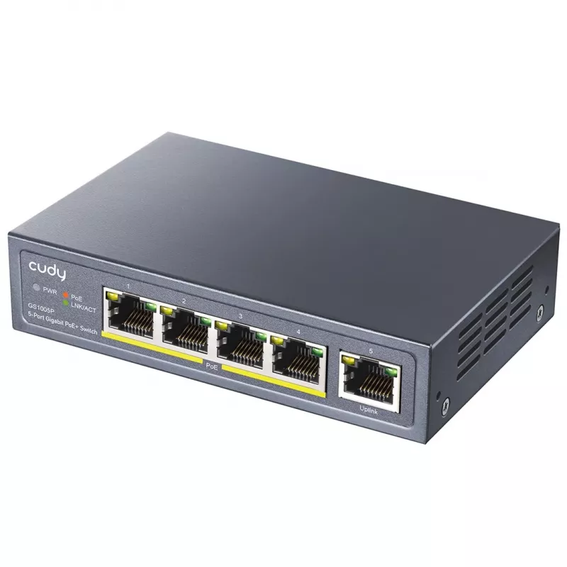 Przełącznik sieciowy Cudy GS1005P — 5-portowy Gigabit Ethernet z 4 portami PoE, 60W łącznie, obudowa metalowa, montaż w szafie rack