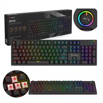 Mechaniczna klawiatura gamingowa SAVIO STYX Outemu Red — pełnowymiarowa 104-klawiszowa, przewodowa USB, RGB, ANSI US International, 1,5 m, czarna