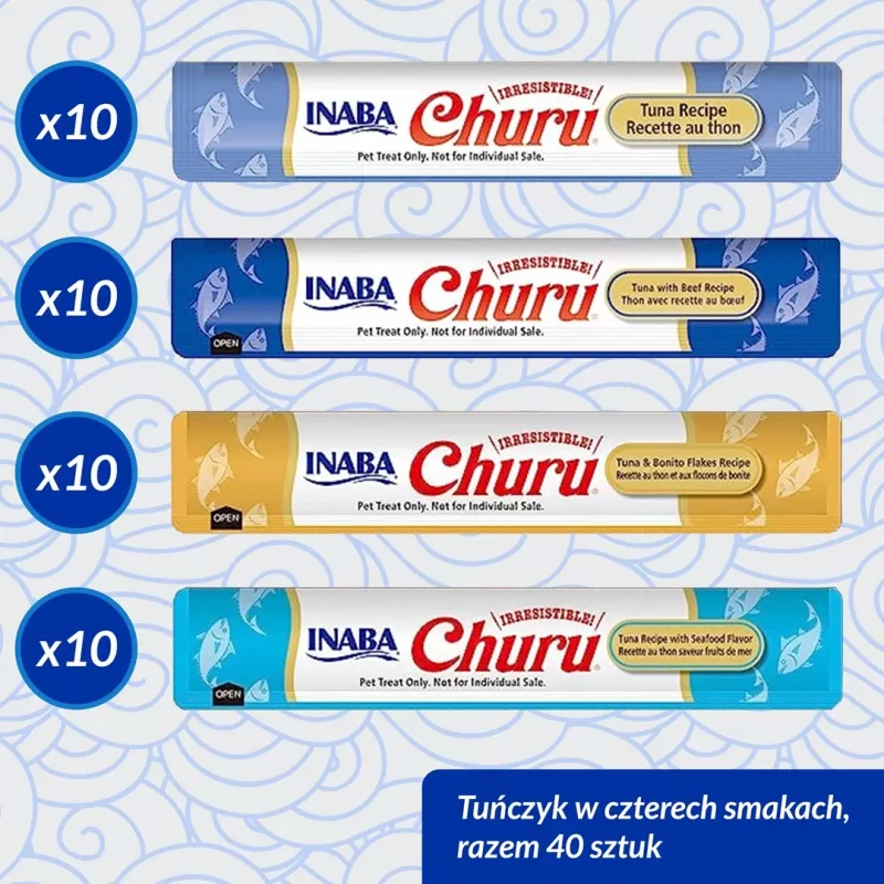 Mokre przysmaki dla kota INABA Churu Variety box Tuńczyk z owocami morza — 40 x 14 g saszetek z pastą, bez zbóż, bez cukru
