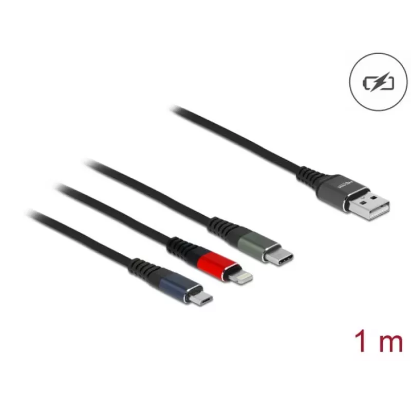 Delock - Lightning-Kabel, nur zum Aufladen - USB männlich bis Micro-USB Typ B, Lightning, USB-C männlich - 1,0m - Schwarz (87277)