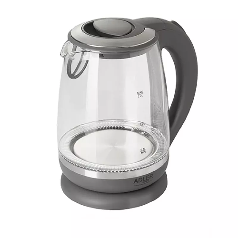 Adler | Czajnik | AD 1286 | Standard | 2200 W | 2 L | Plastik/Szkło | Obrotowa podstawa 360° | Szary/Przezroczysty