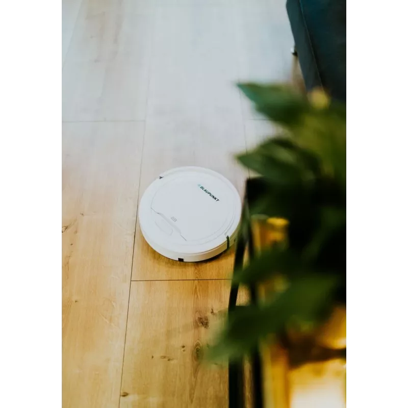 Robot odkurzający BLAUPUNKT RVC201 — okrągły, biały, bezworkowy pojemnik na kurz 0,5 l, czas pracy 55 min